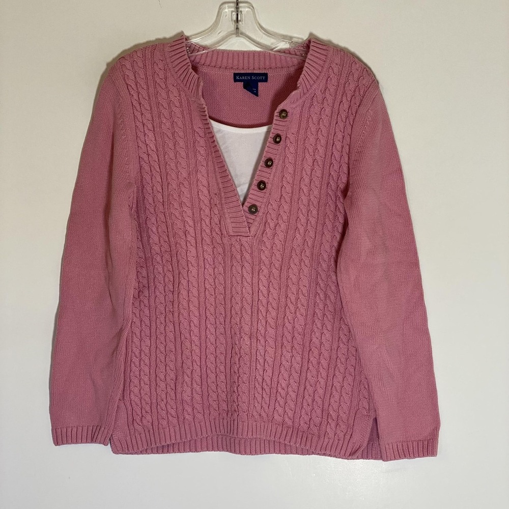 Karen Scott Sweater Womens Medium Pink Cable Knit V Neck Button Trim Pullover